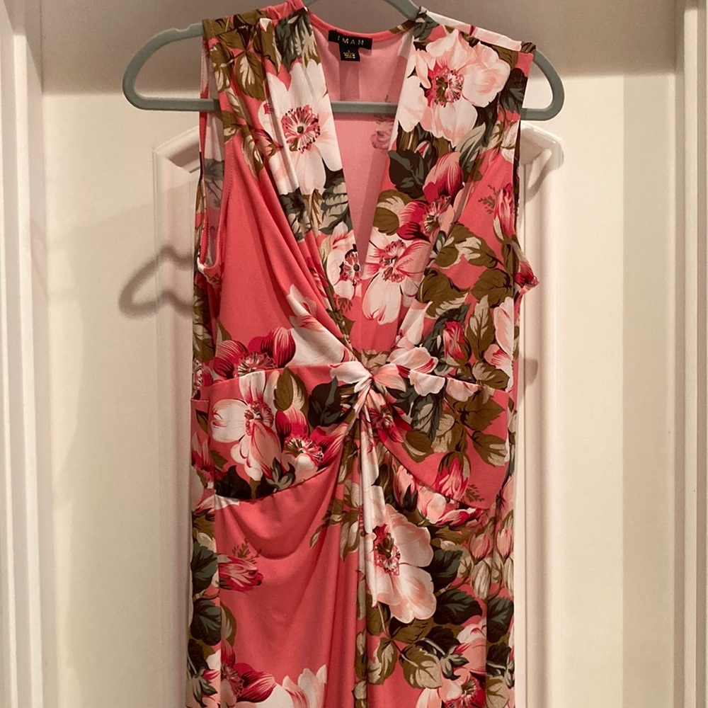 IMAN Pink Green Sheath Maxi Dress Plunge Neckline